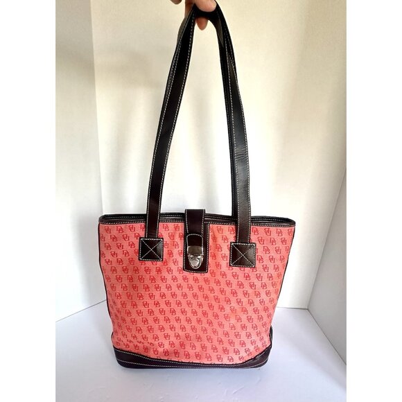 Dooney & Bourke Shoulder Bag Pink Red Canvas Sign. Logo Leather Trim Mean Girls - Picture 1 of 14